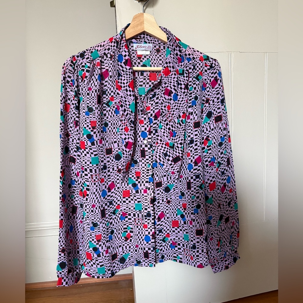 Vintage 1980’s Jolene Fashions Colorful Geometric Pattern Sheer Blouse
